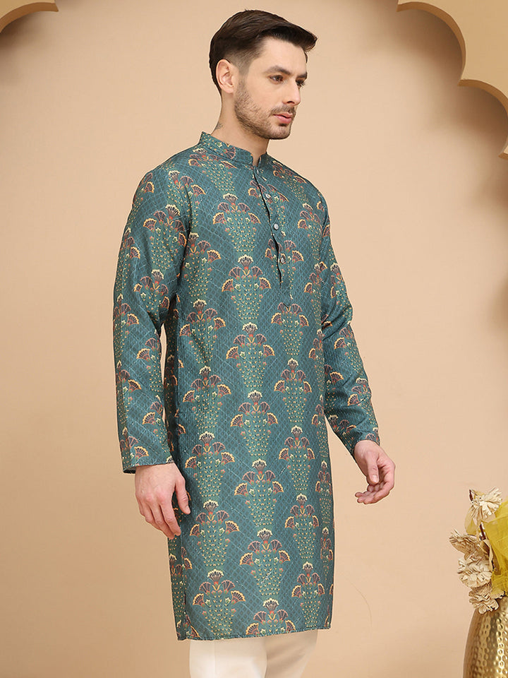 Printed Silk Blend Straight Kurtas For Men