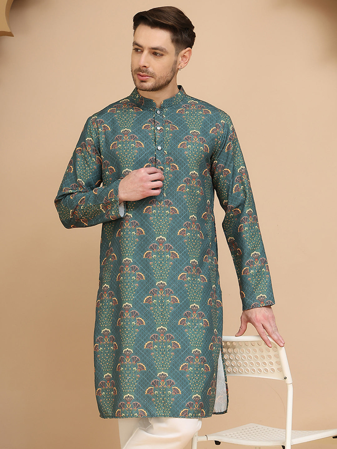 Printed Silk Blend Straight Kurtas For Men