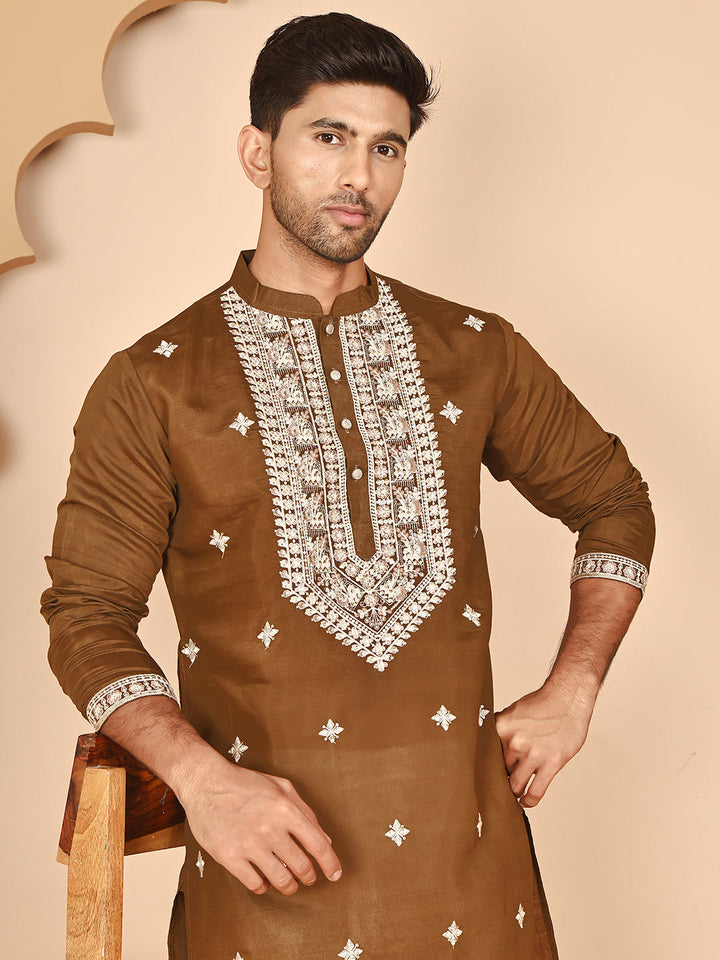 Embroidered Silk Blend Kurtas For Men