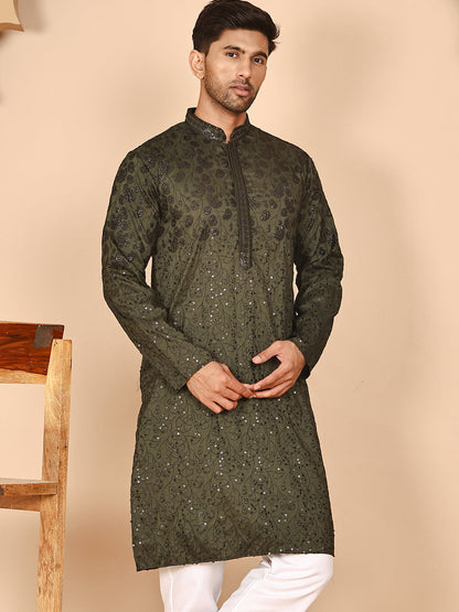 Men'S Olive Embroidered Kurtas