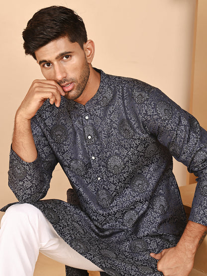 Grey Jacquard Silk Kurtas For Men