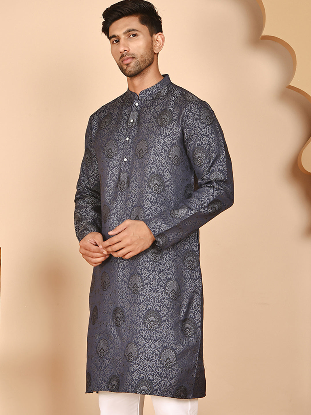 Grey Jacquard Silk Kurtas For Men