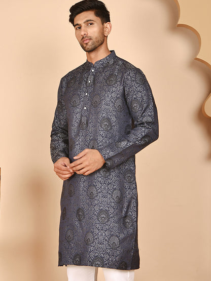 Grey Jacquard Silk Kurtas For Men
