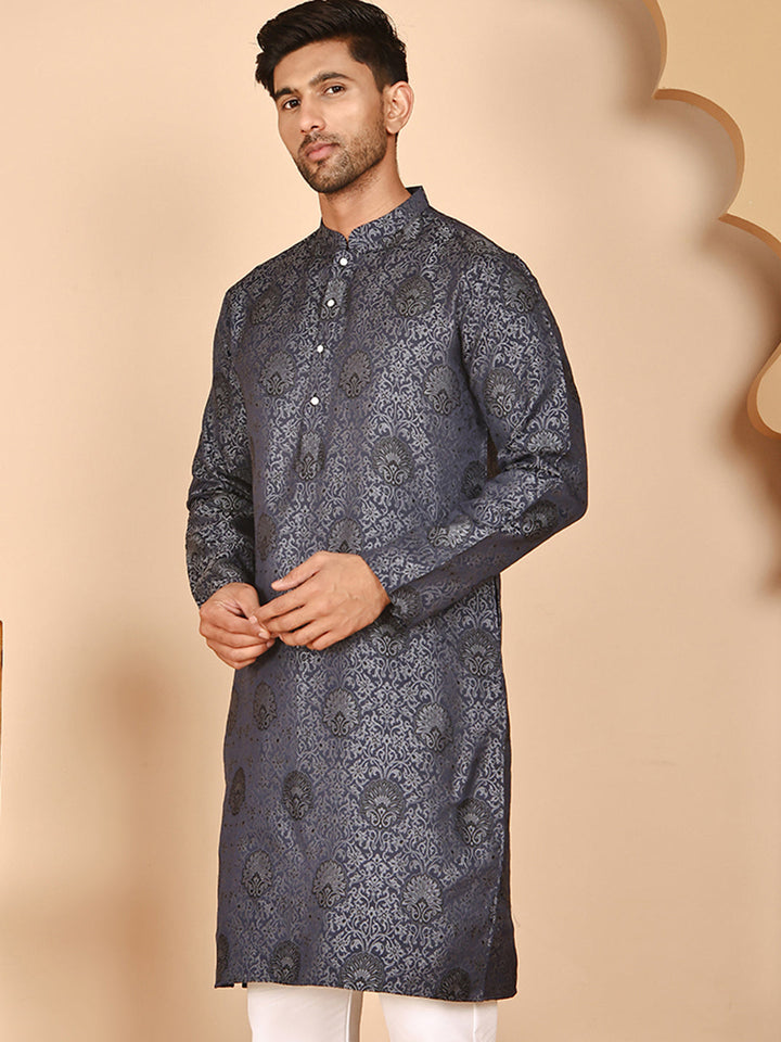 Grey Jacquard Silk Kurtas For Men