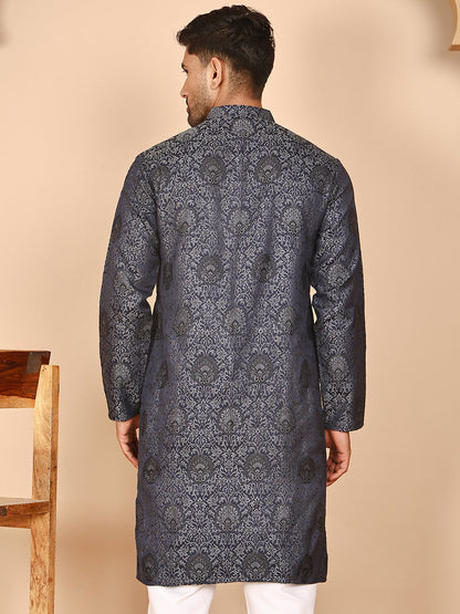 Grey Jacquard Silk Kurtas For Men