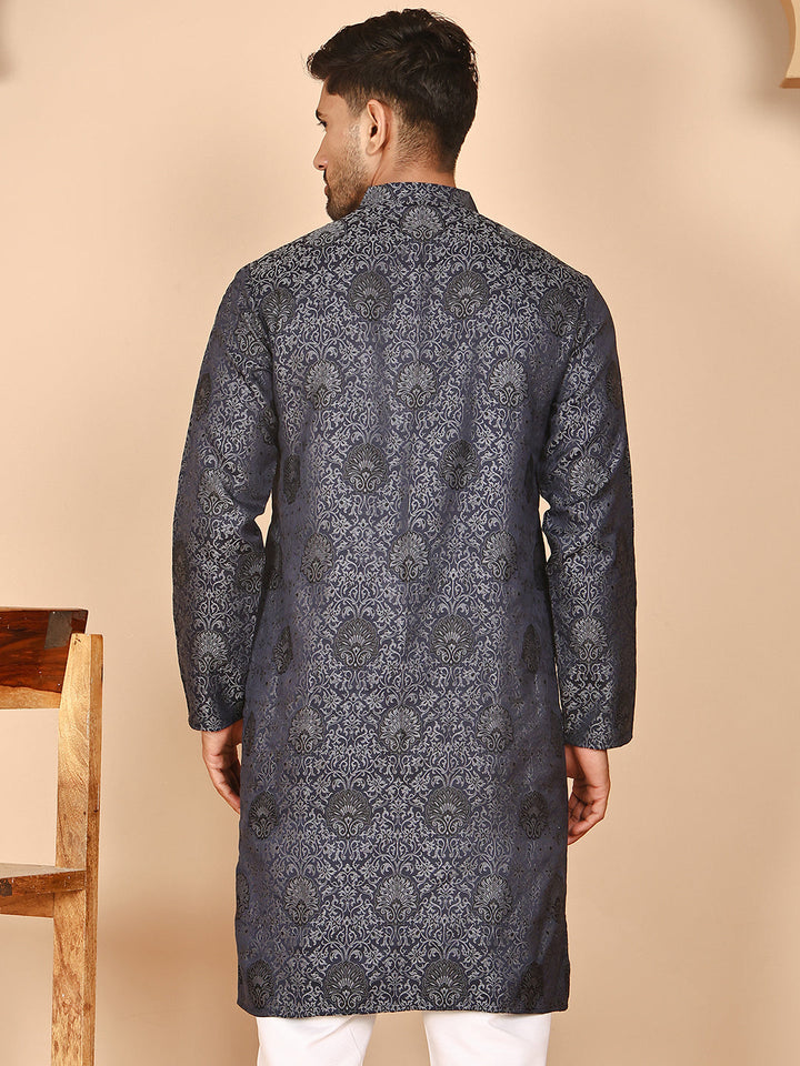 Grey Jacquard Silk Kurtas For Men
