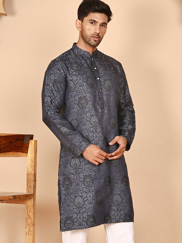 Grey Jacquard Silk Kurtas For Men