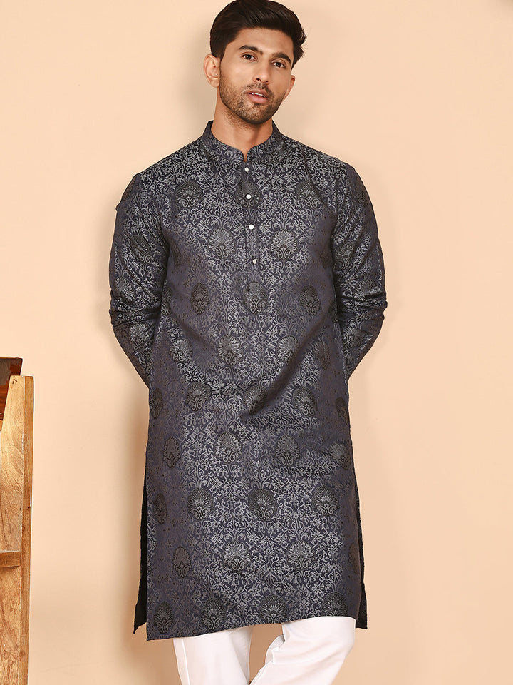 Grey Jacquard Silk Kurtas For Men