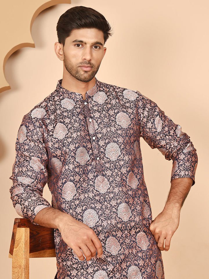 Peach Jacquard Silk Kurtas For Men