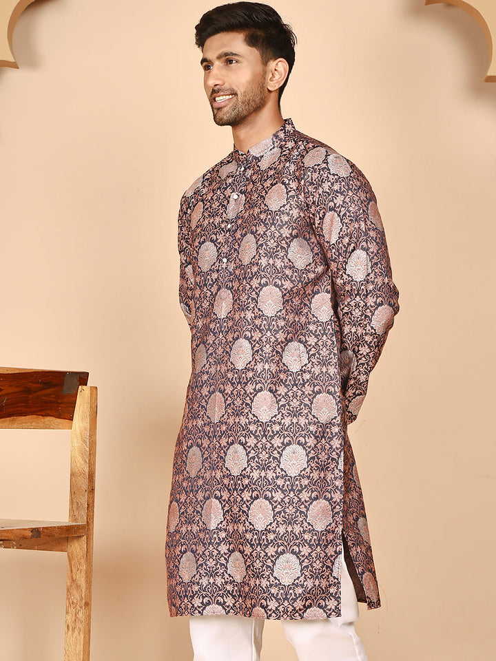 Peach Jacquard Silk Kurtas For Men
