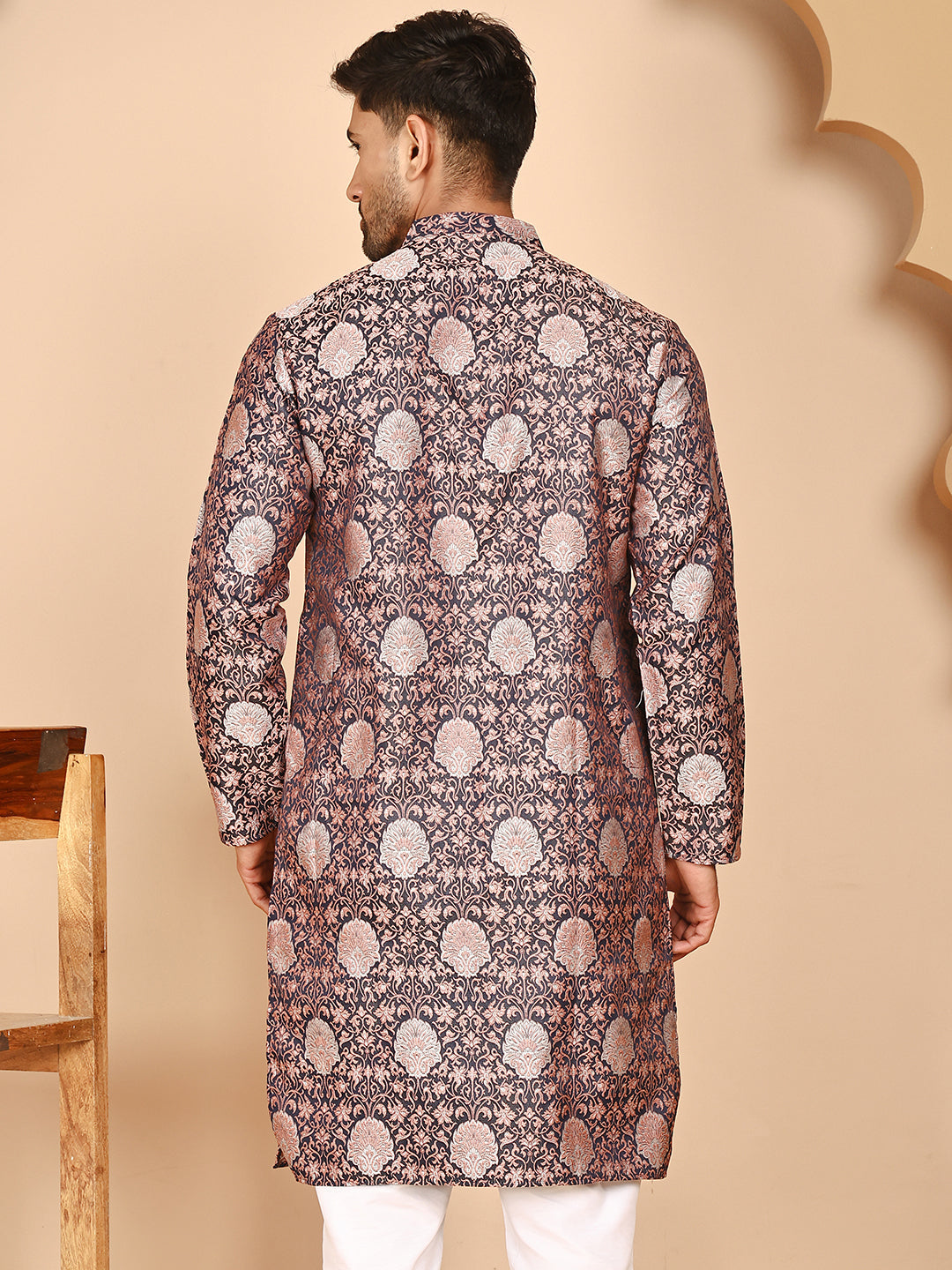 Peach Jacquard Silk Kurtas For Men