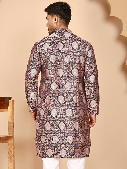 Peach Jacquard Silk Kurtas For Men