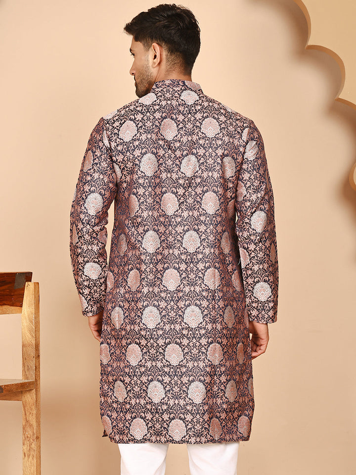 Peach Jacquard Silk Kurtas For Men