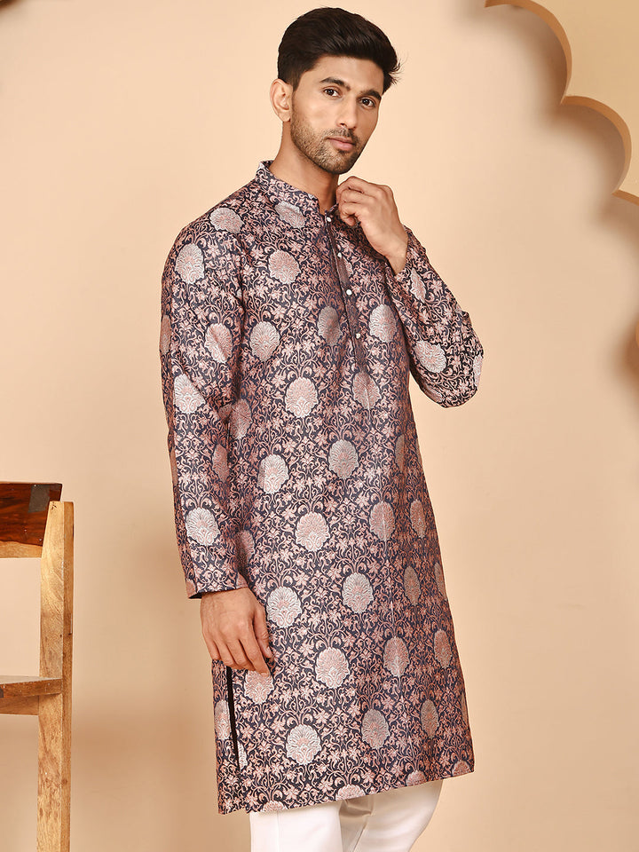 Peach Jacquard Silk Kurtas For Men