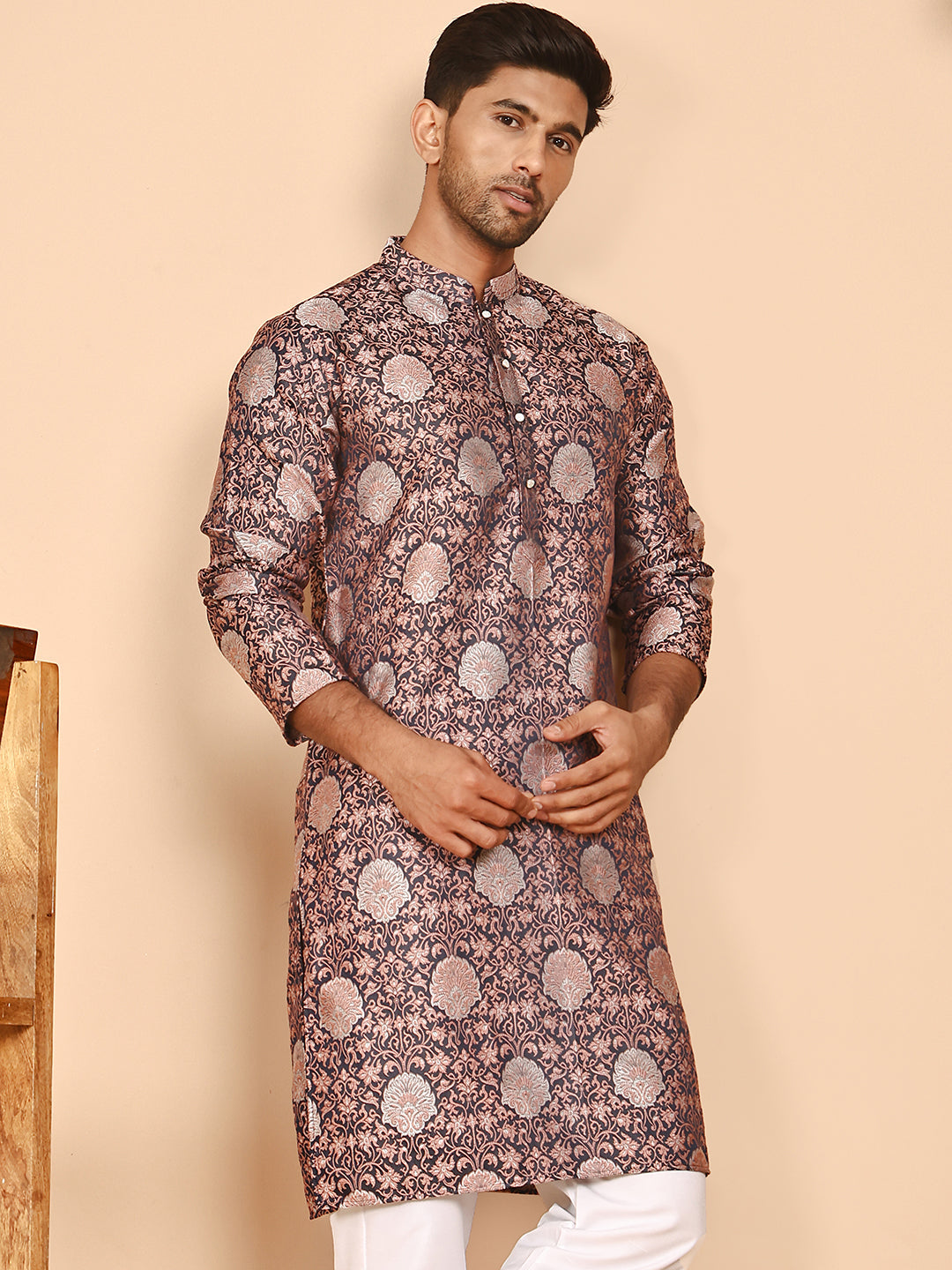 Peach Jacquard Silk Kurtas For Men