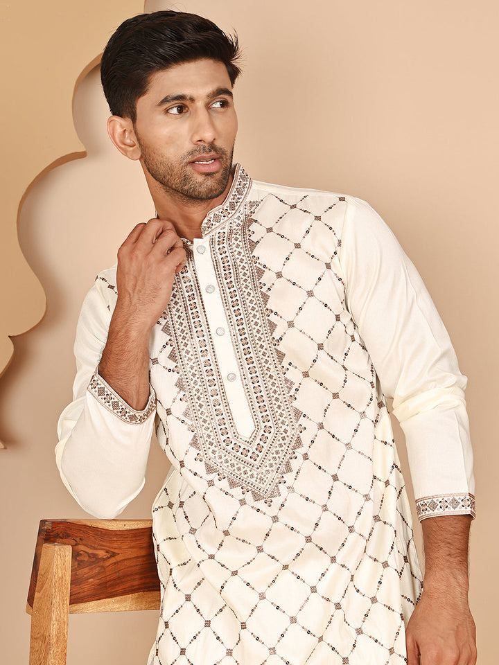Classic White Embroidered Kurtas For Men