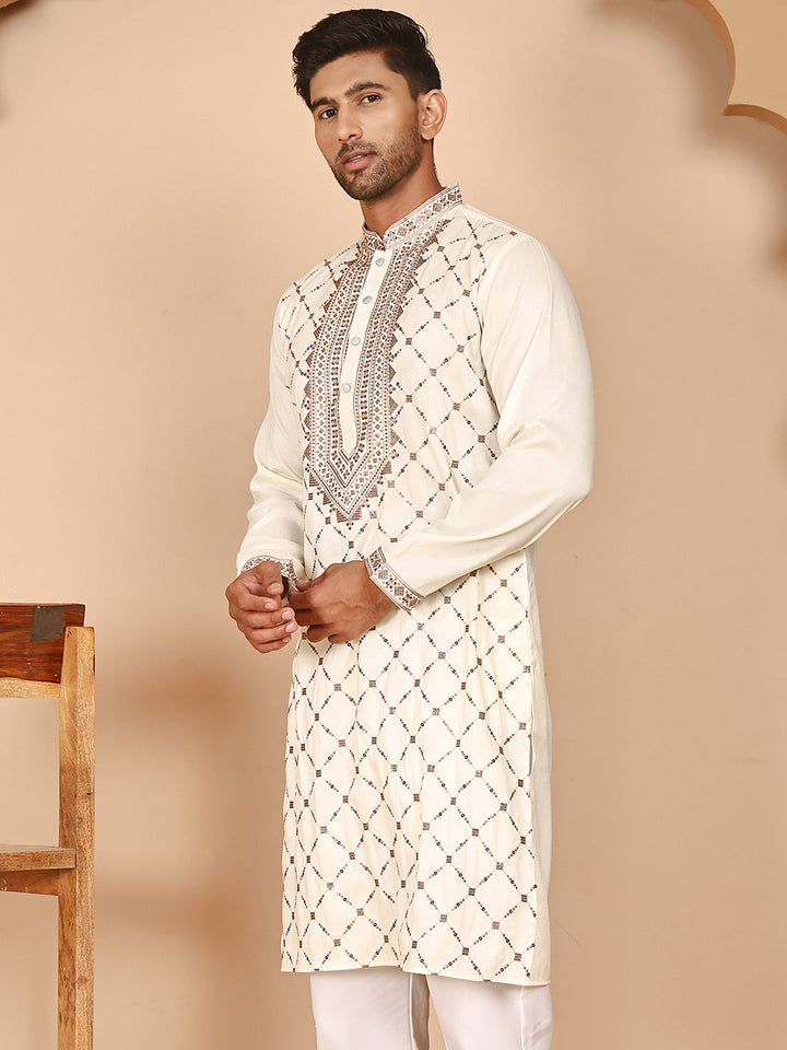Classic White Embroidered Kurtas For Men