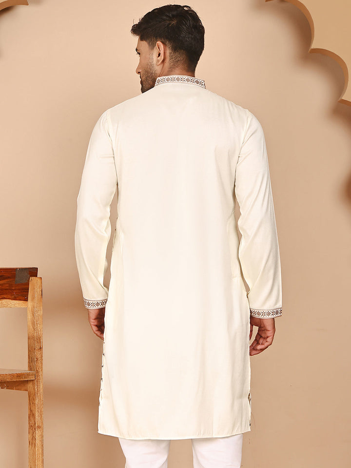Classic White Embroidered Kurtas For Men