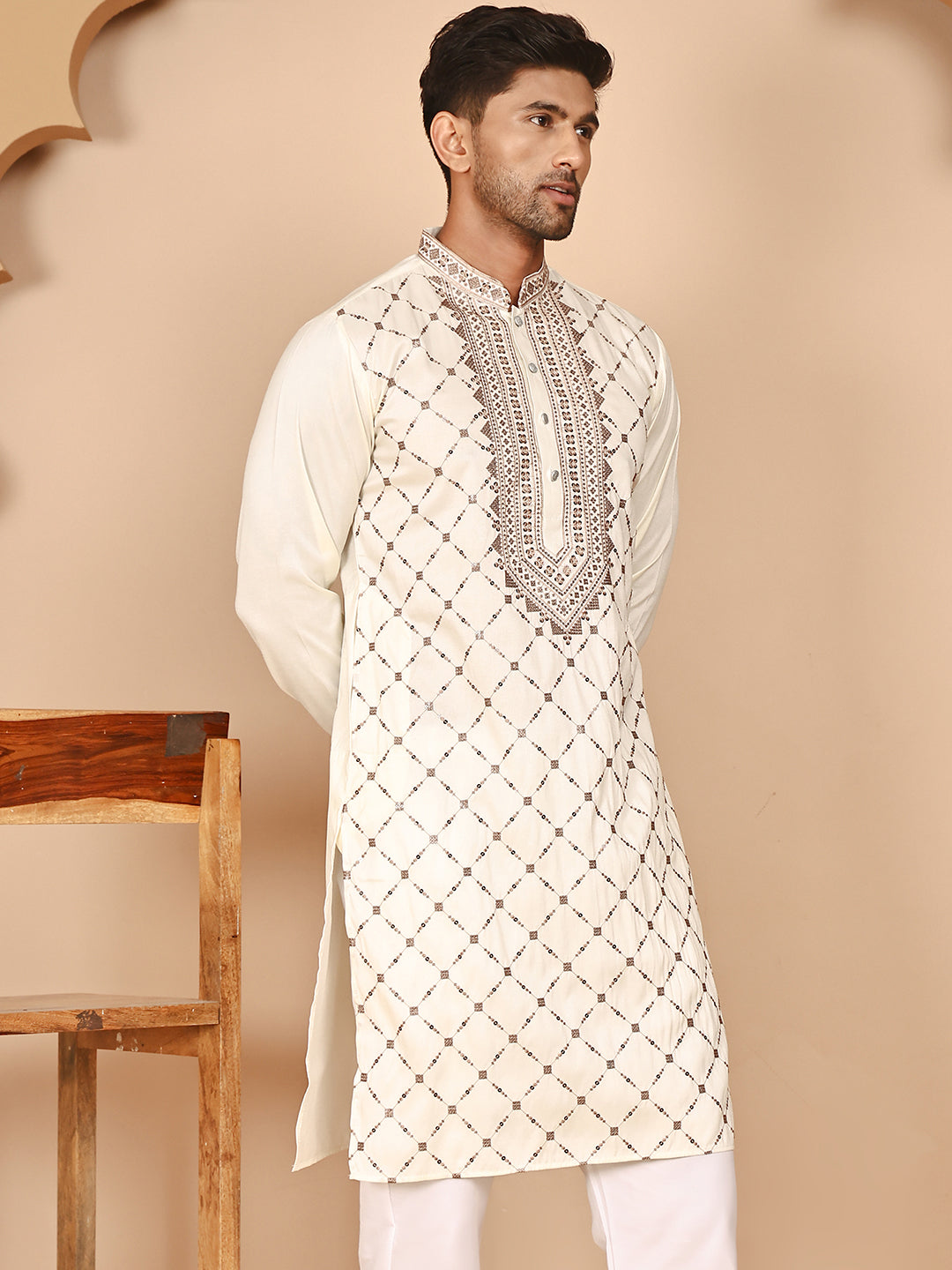 Classic White Embroidered Kurtas For Men