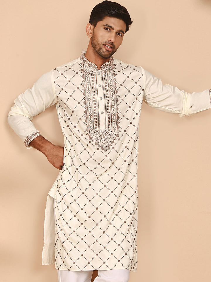 Classic White Embroidered Kurtas For Men