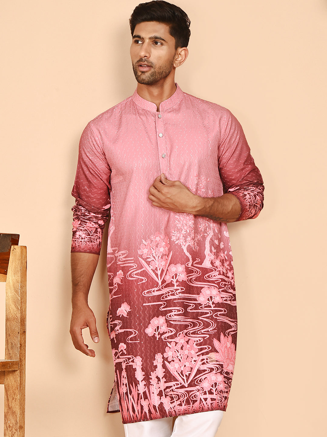 Thread Work &amp; Sequin Embellished Printed Kurtas For Men
