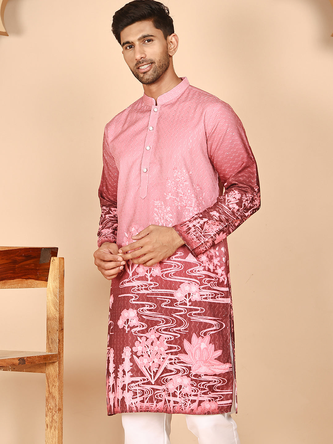 Thread Work &amp; Sequin Embellished Printed Kurtas For Men