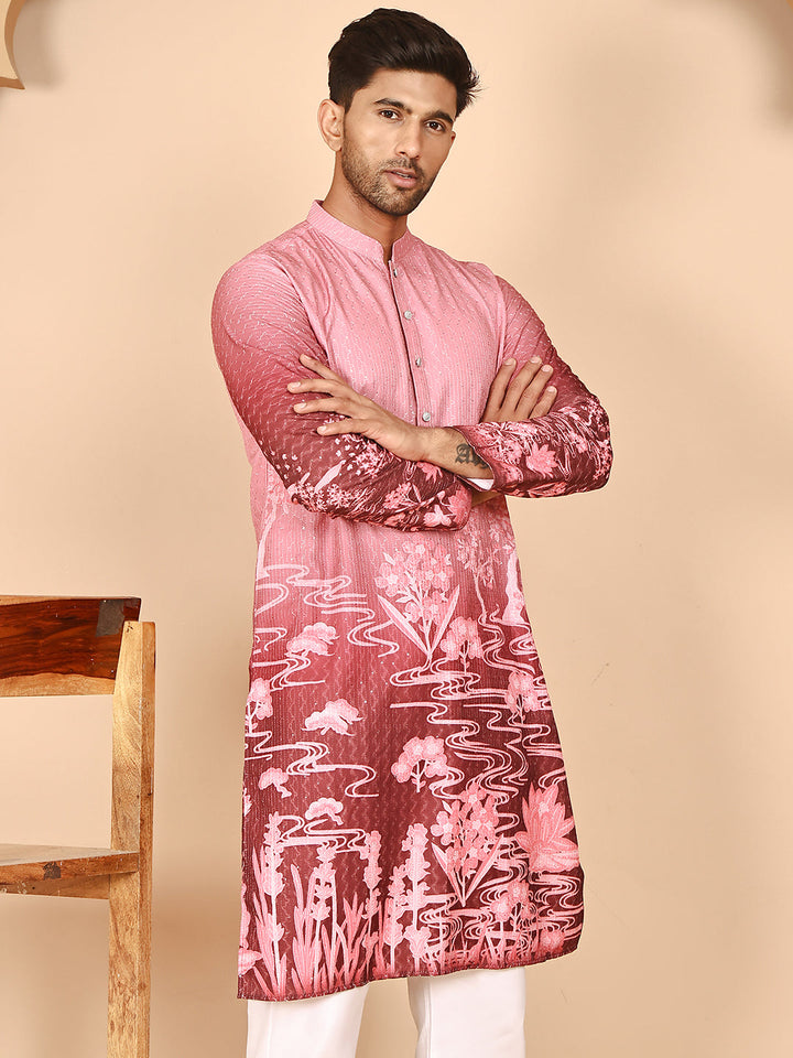 Thread Work &amp; Sequin Embellished Printed Kurtas For Men
