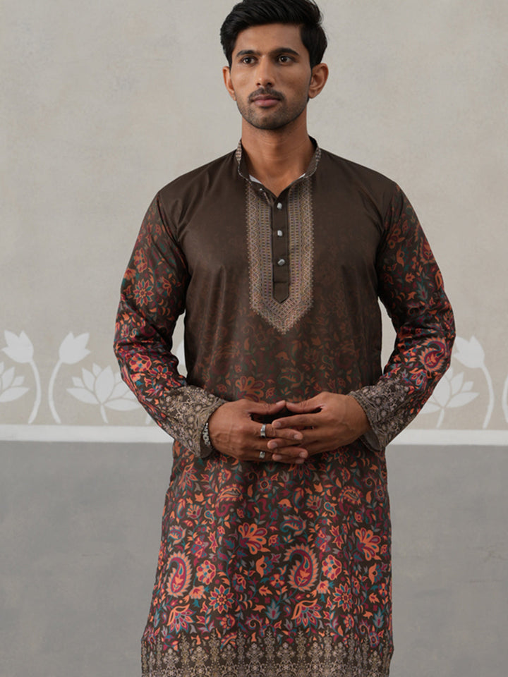 Olive Floral Printed Kurta For Men