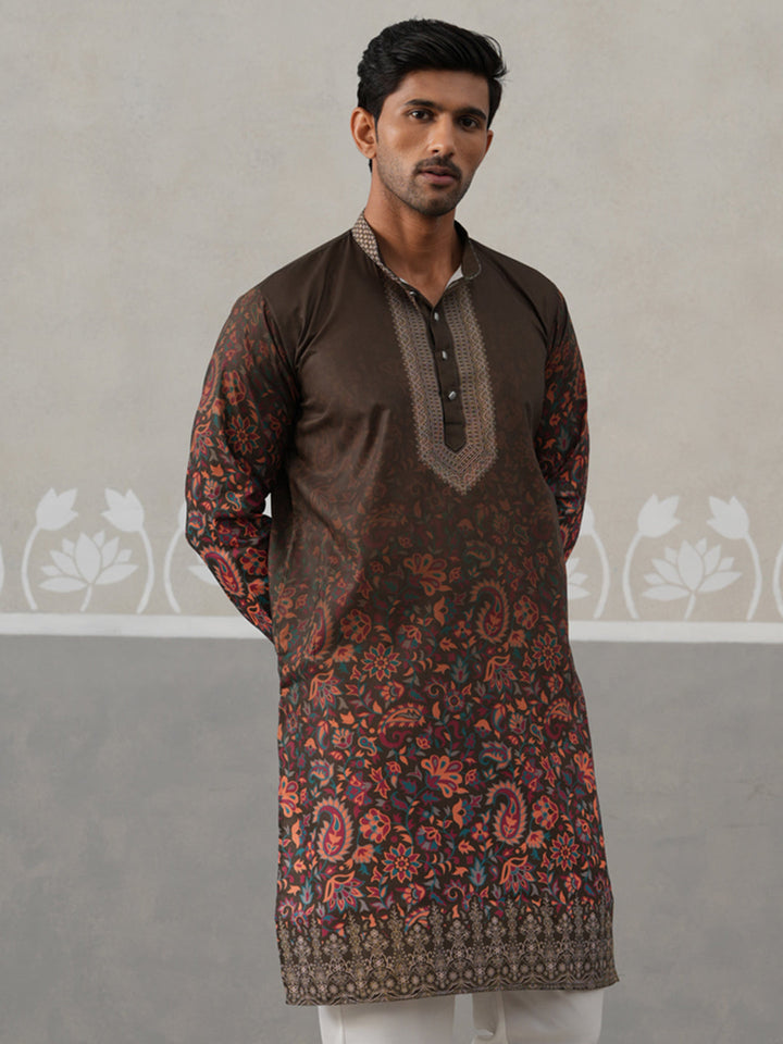 Olive Floral Printed Kurta For Men