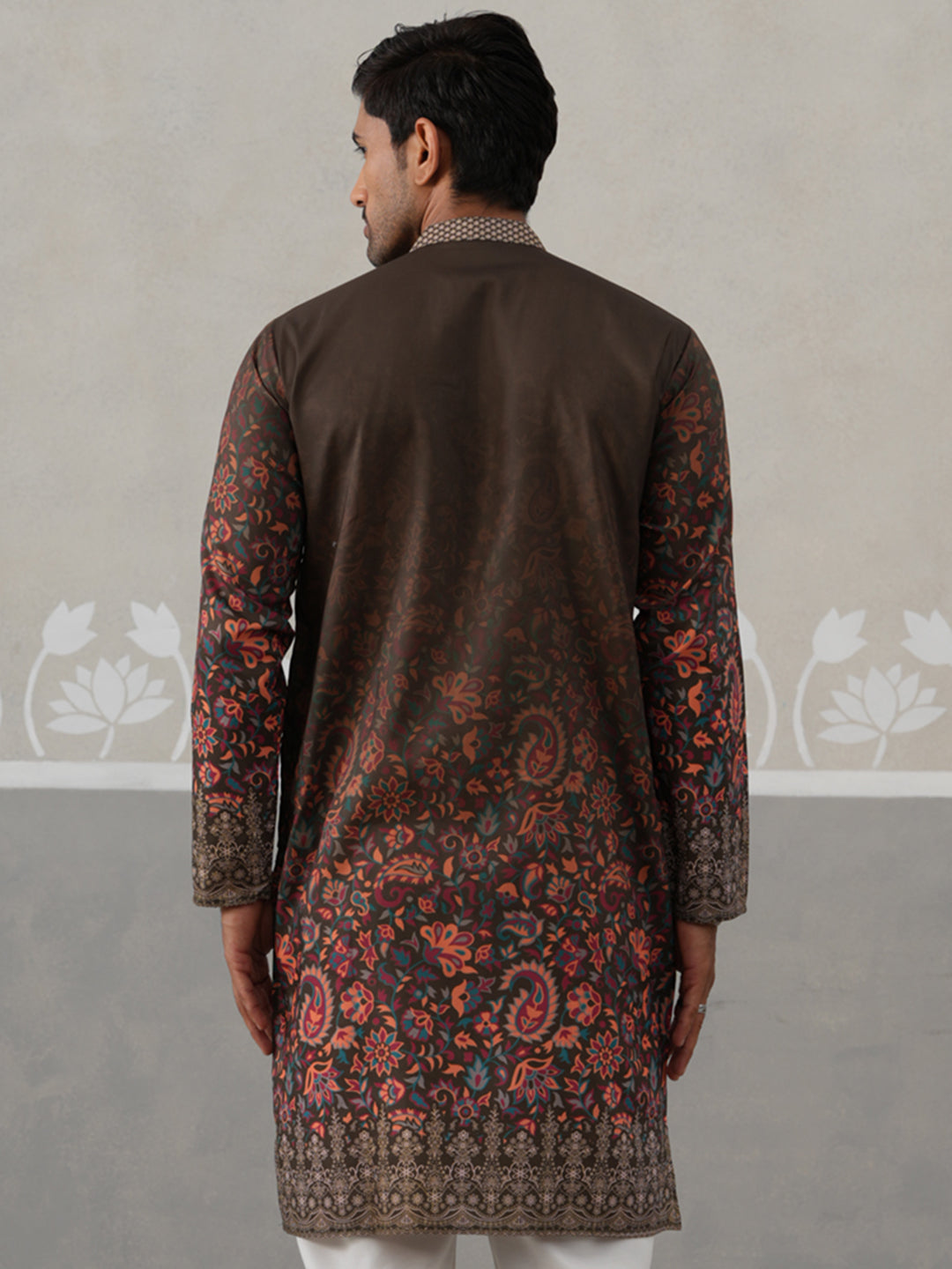 Olive Floral Printed Kurta For Men