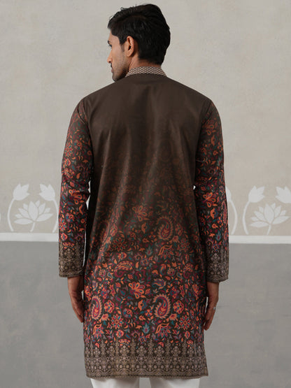 Olive Floral Printed Kurta For Men