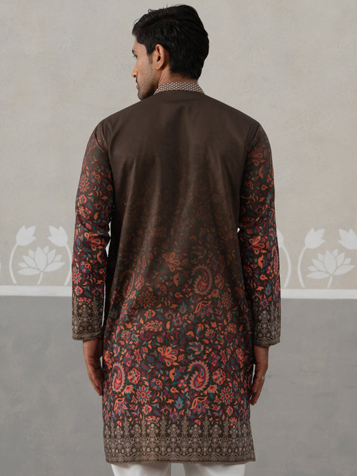 Olive Floral Printed Kurta For Men