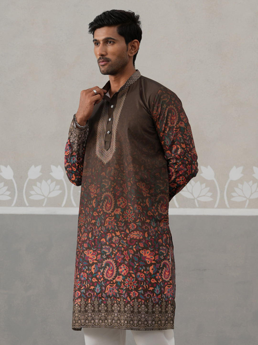 Olive Floral Printed Kurta For Men