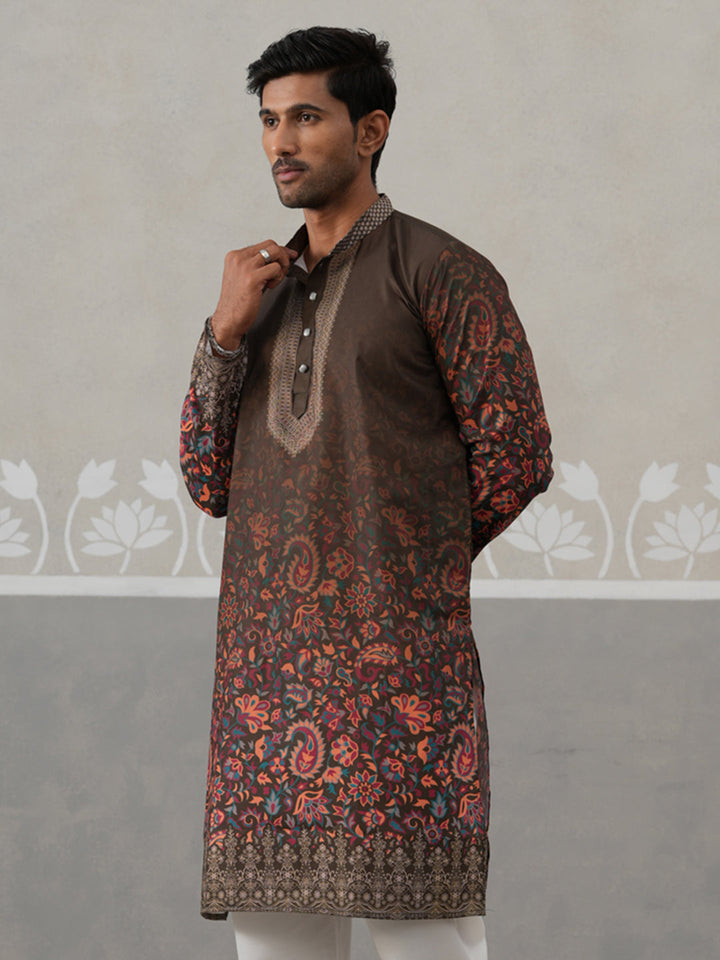 Olive Floral Printed Kurta For Men