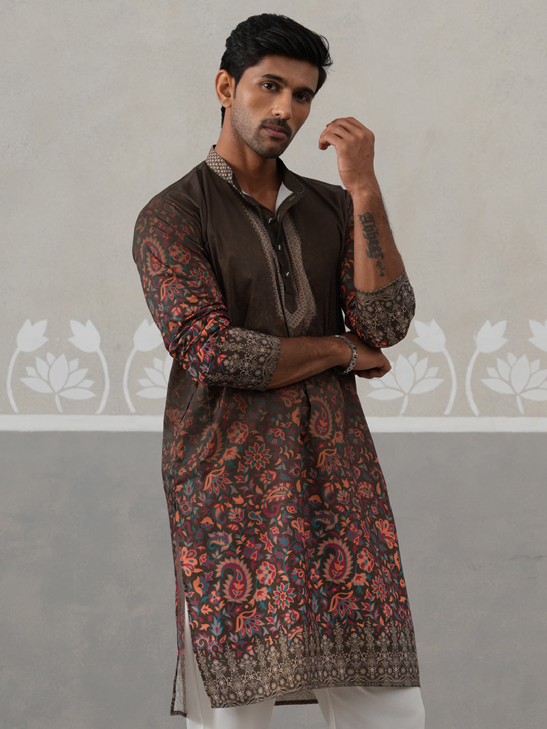 Olive Floral Printed Kurta For Men