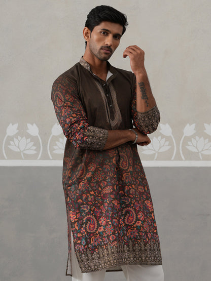 Olive Floral Printed Kurta For Men