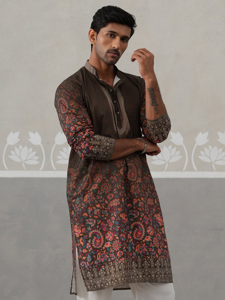 Olive Floral Printed Kurta For Men