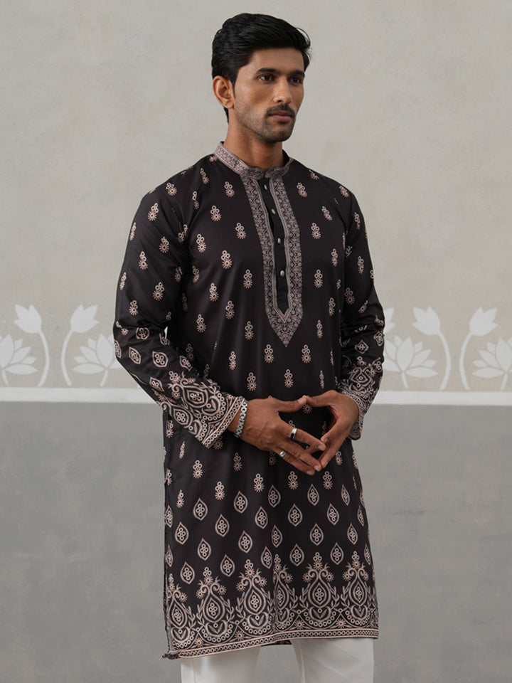 Men’S Ethnic Black Kurta With Traditional Print