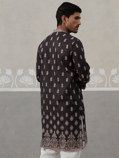 Men’S Ethnic Black Kurta With Traditional Print