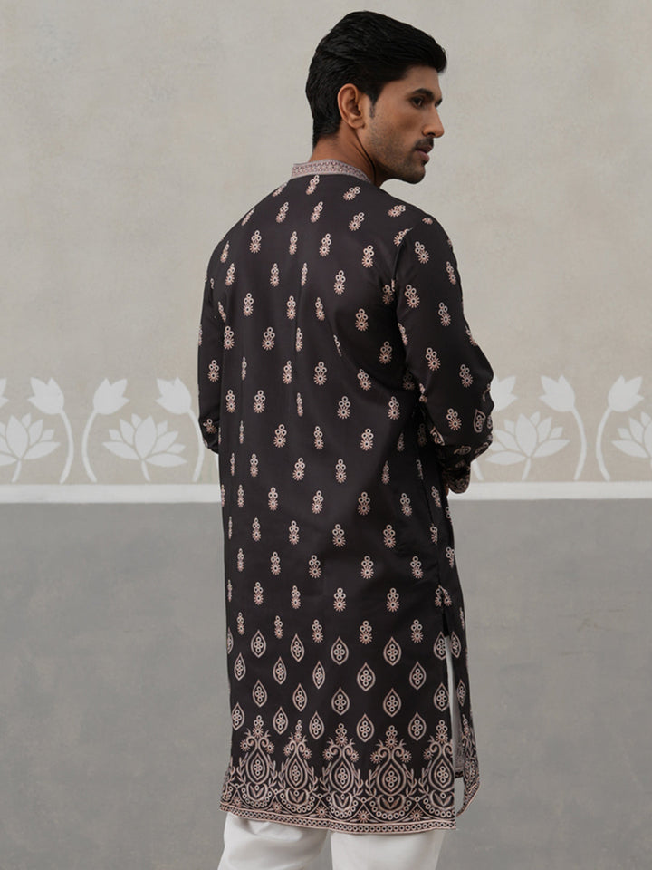 Men’S Ethnic Black Kurta With Traditional Print