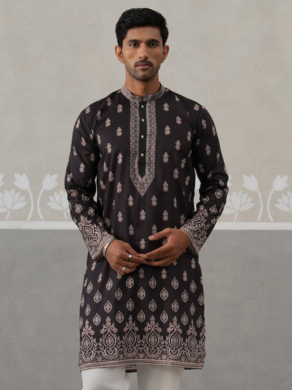 Men’S Ethnic Black Kurta With Traditional Print