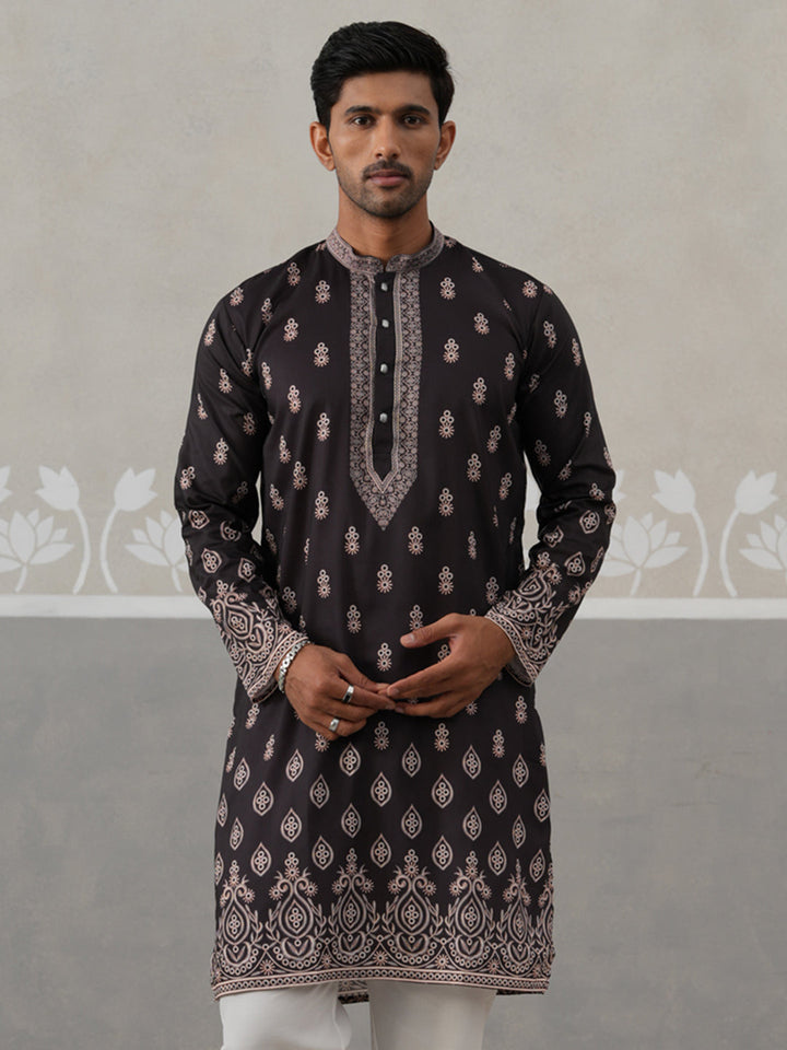 Men’S Ethnic Black Kurta With Traditional Print
