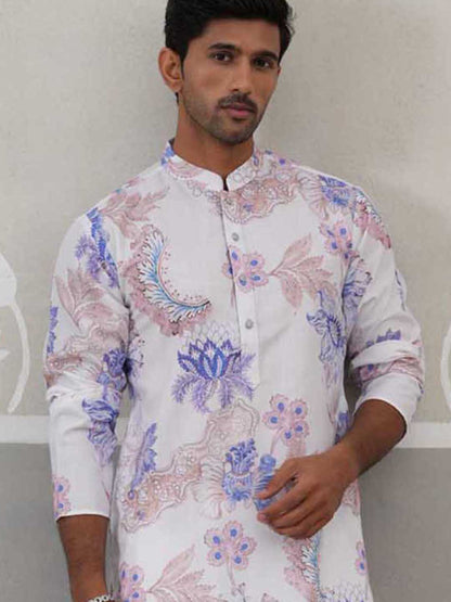 Men'S Floral Printed Cotton Straight Kurta.