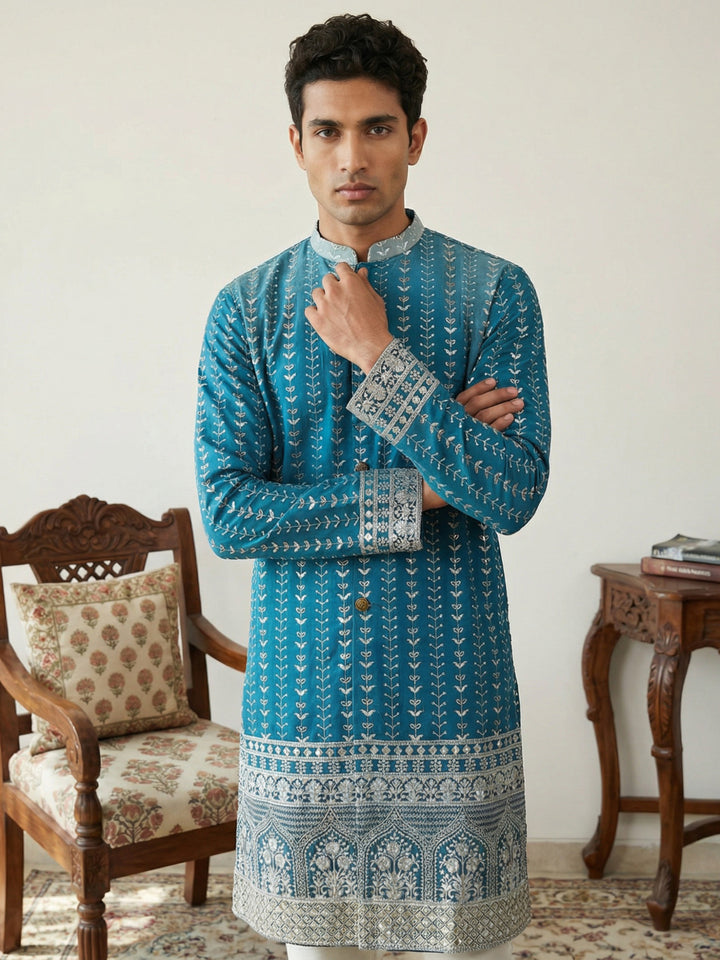 Designer Embroidery Silk Blend Kurta For Men