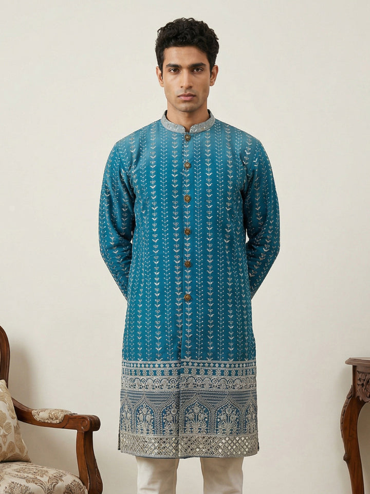 Designer Embroidery Silk Blend Kurta For Men