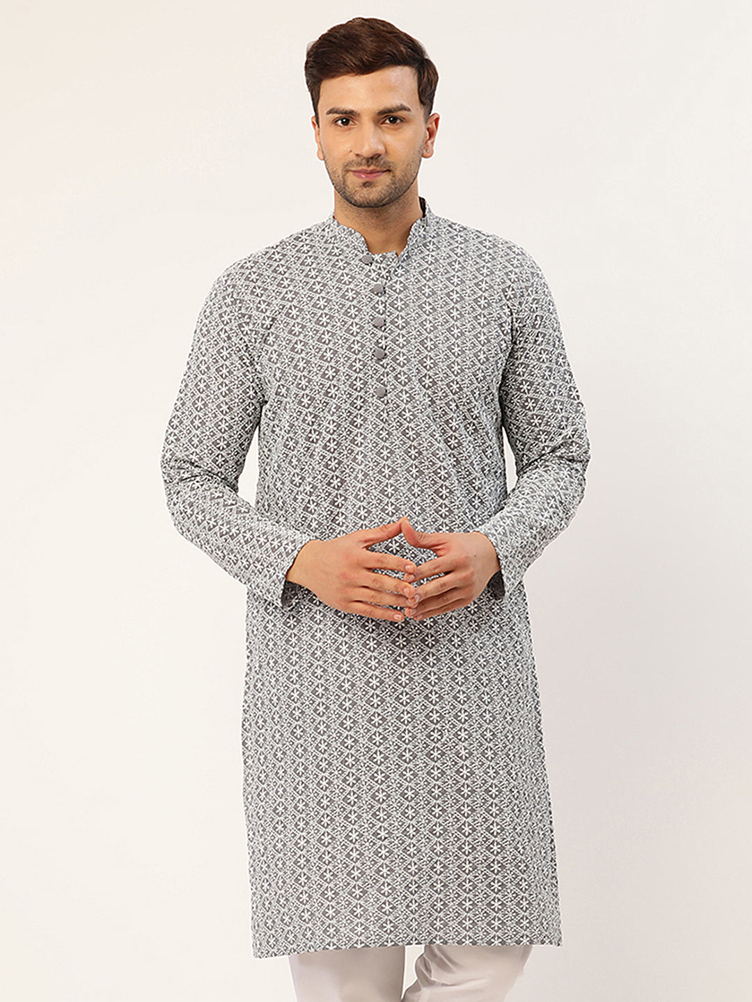 Men'S Grey & White Embroidered Straight Kurtas