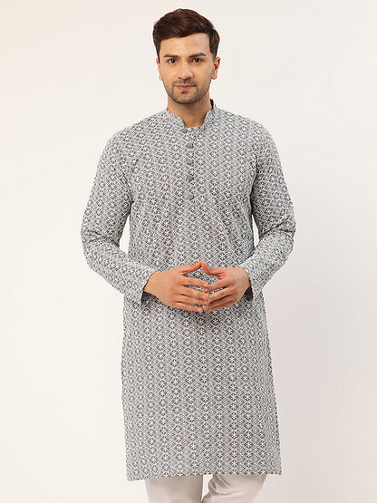 Men'S Grey & White Embroidered Straight Kurtas