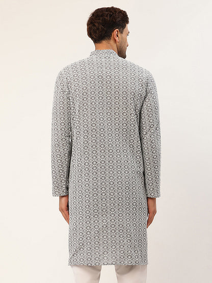Men'S Grey & White Embroidered Straight Kurtas