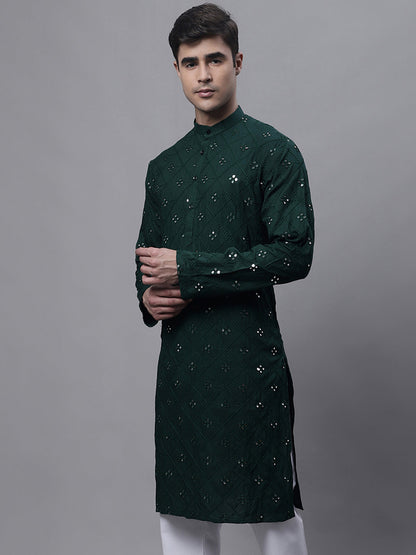Men'S Olive Green Embroidered Mirror Work Kurtas