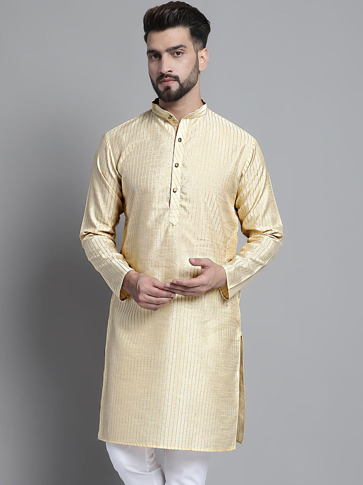 Men Beige Chikankari Embroidered And Sequence Kurtas